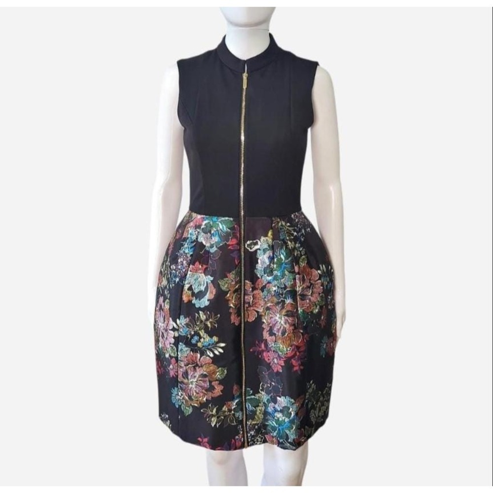 Ted Baker Black Floral Sleeveless Dress Gold Zipper Size 1